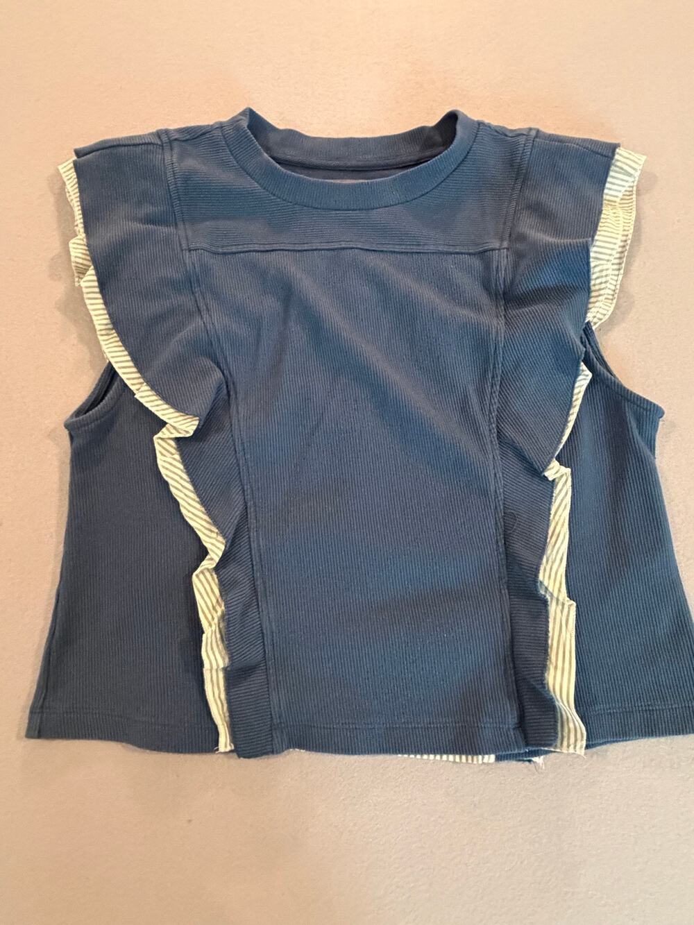 Anthropologie Ribbed Flutter Sleeve Top Blue Striped Button Back Size Large